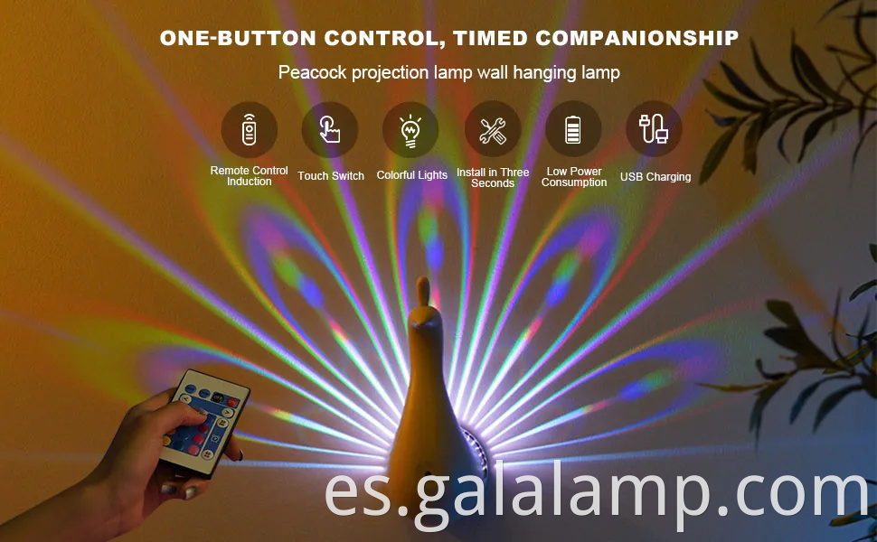 Peacock USB Desk Light: Lámpara de noche de proyección de arcoiris de control remoto de Navidad